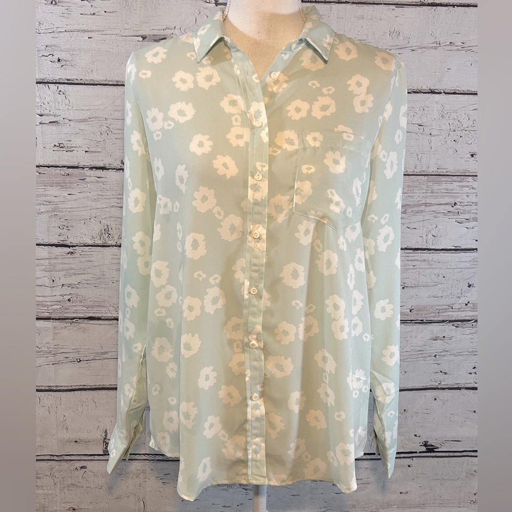 LEFTIES Button Down Blouse Green & White Floral Print-Medium (EUR)